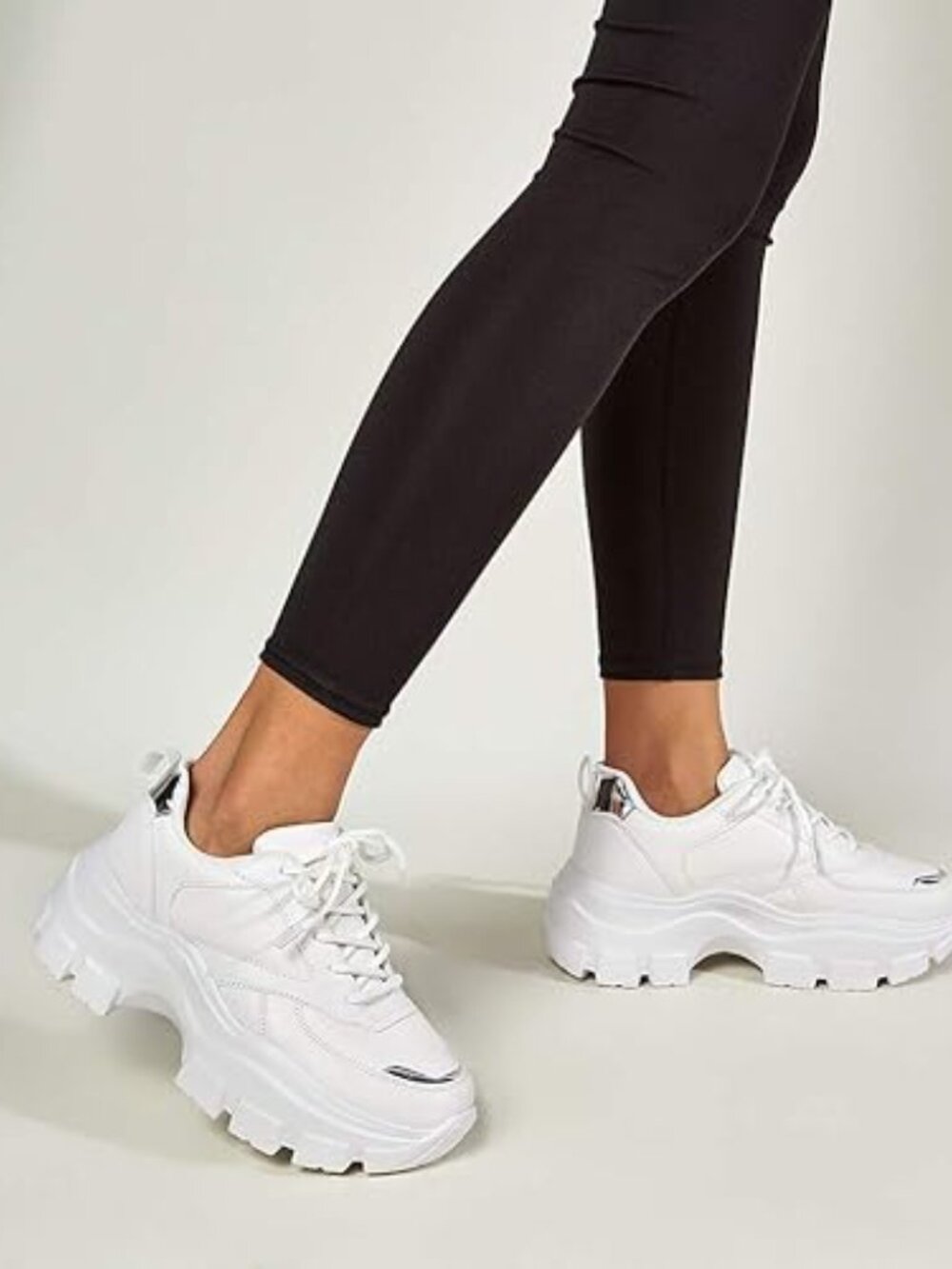 Women's Chunky Platform Sneakers Hologram Black White Silver Lace-Up